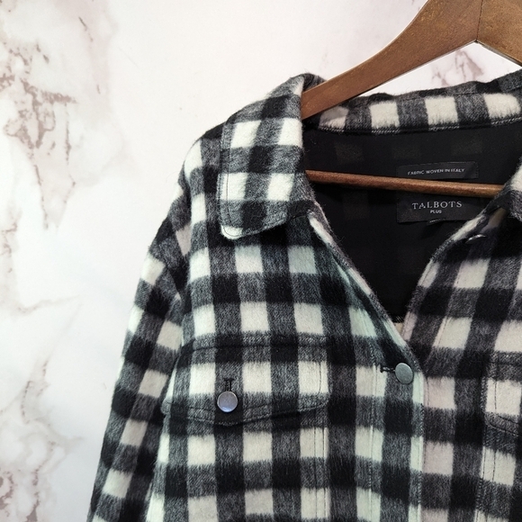 TALBOTS Shirt Jacket Womens 2X Wool Black White Plaid Button Up Sash Buffalo - Picture 2 of 12
